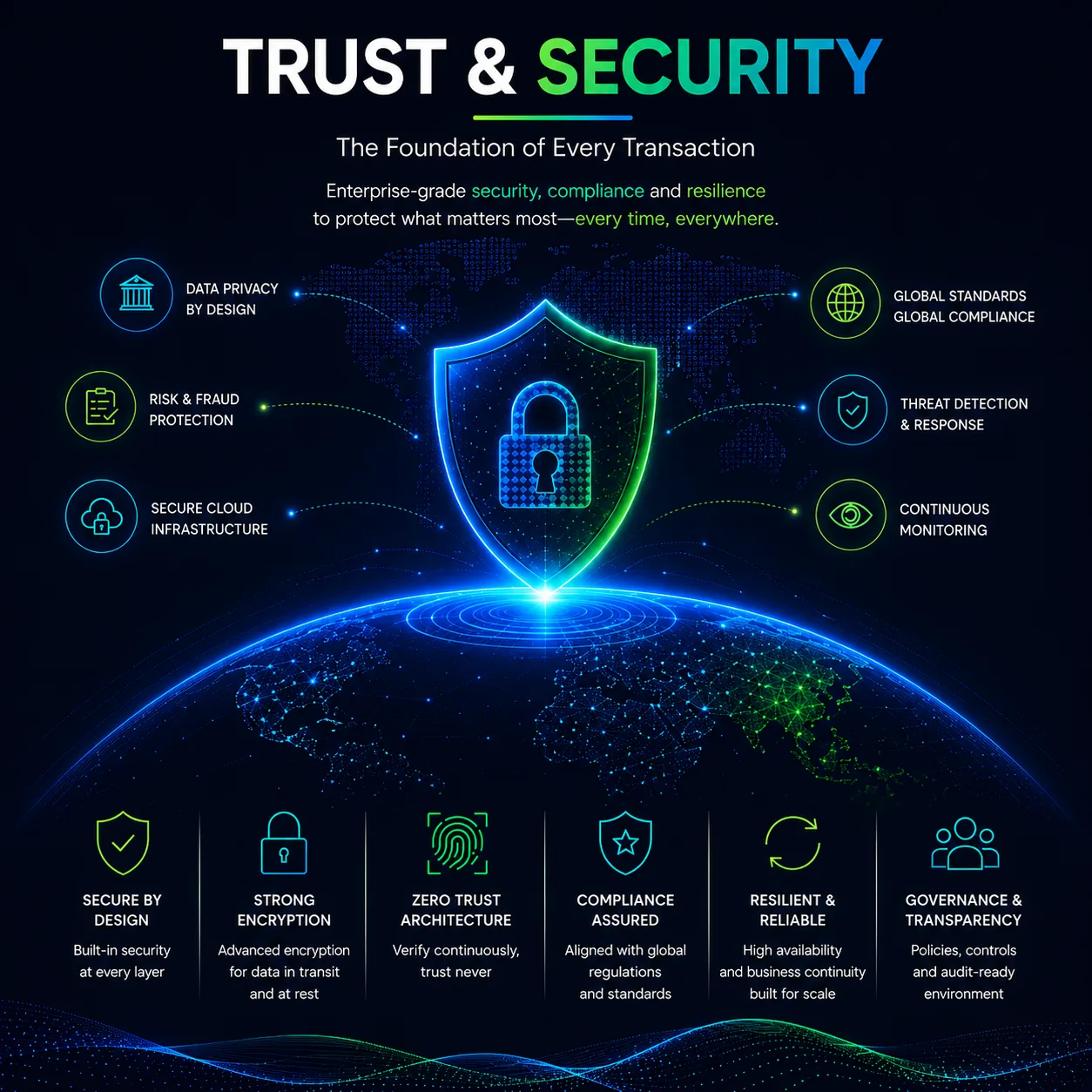 Trust and Security — a shield and lock over layered controls for encryption, identity, compliance and resilient infrastructure
